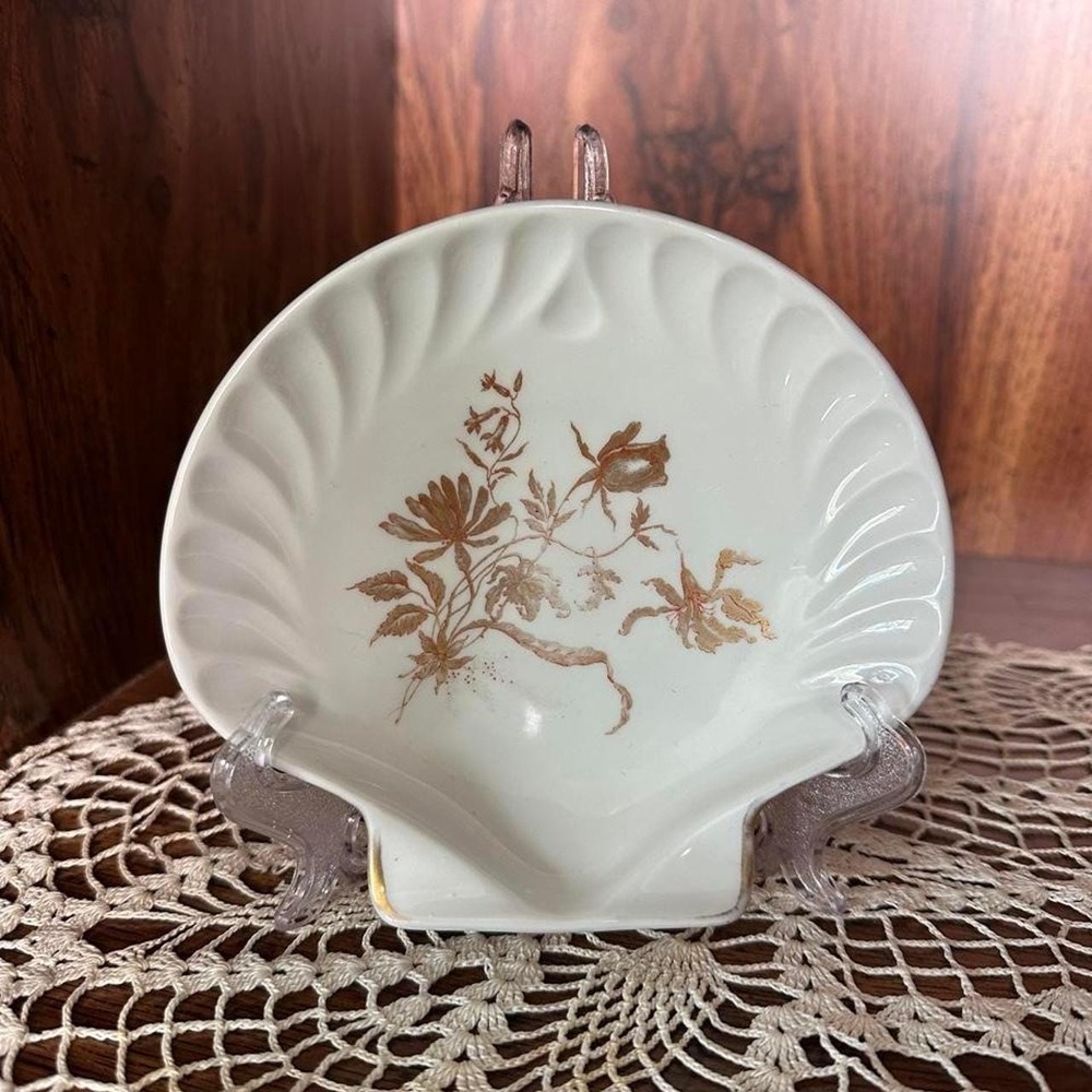 Vintage Limoges France Porcelain Shell Dish | Gold Floral Trinket Ring Tray